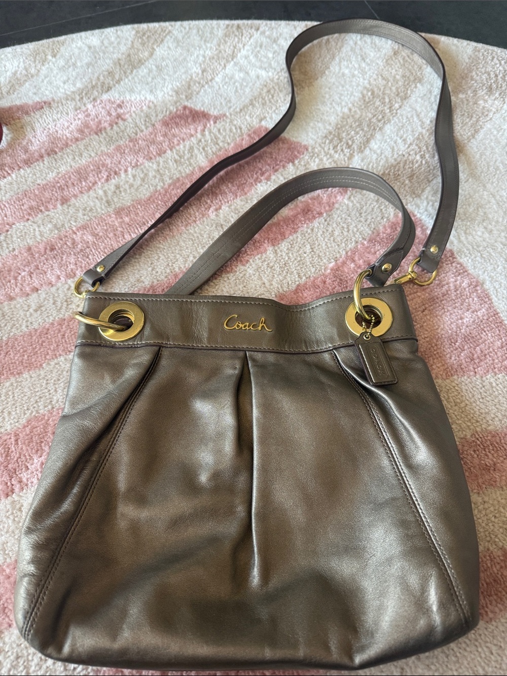Coach Metallic Taupe Leather Shoulder Bag with Gold Hardware